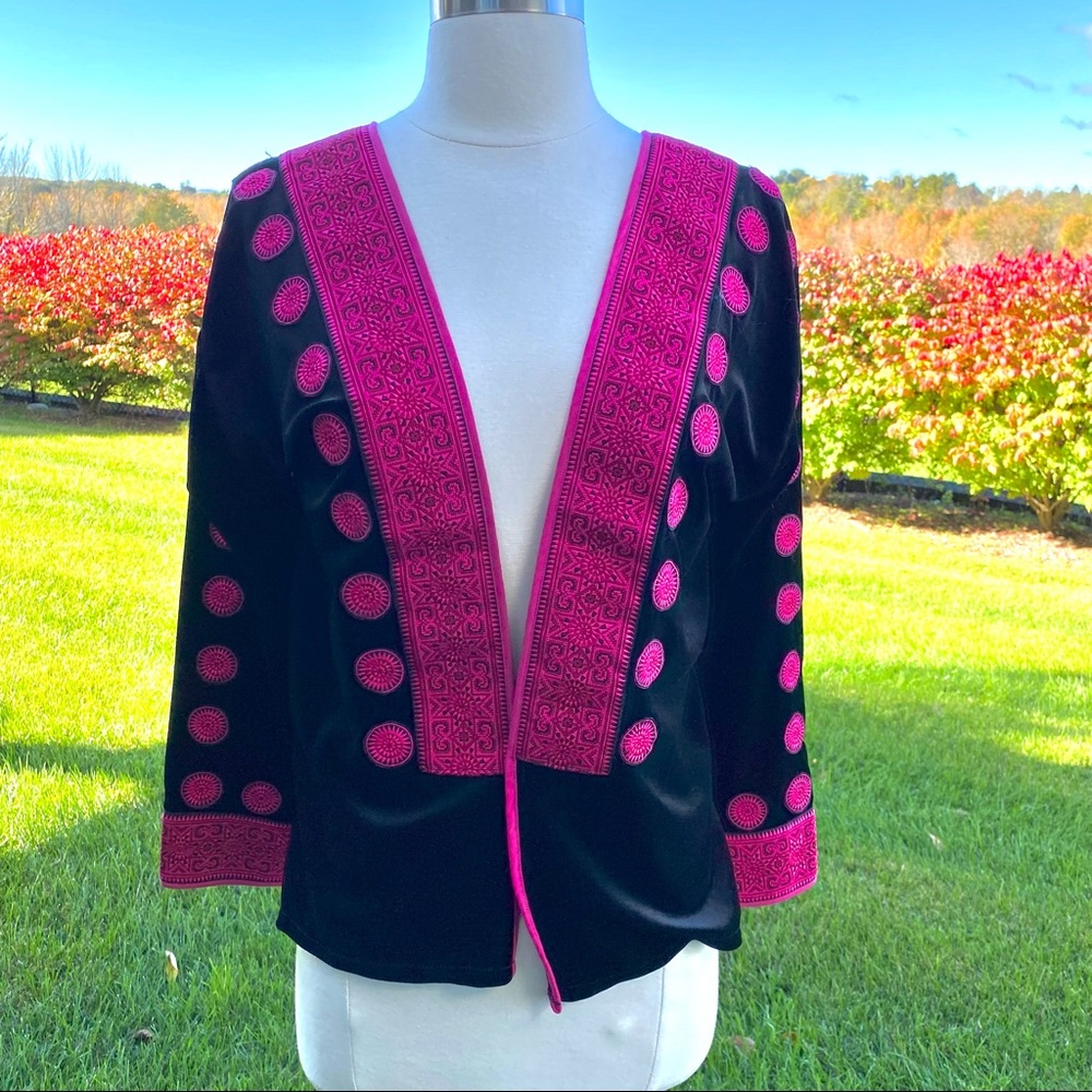 Vintage Black Velvet Jacket with Pink Embroidered Designs